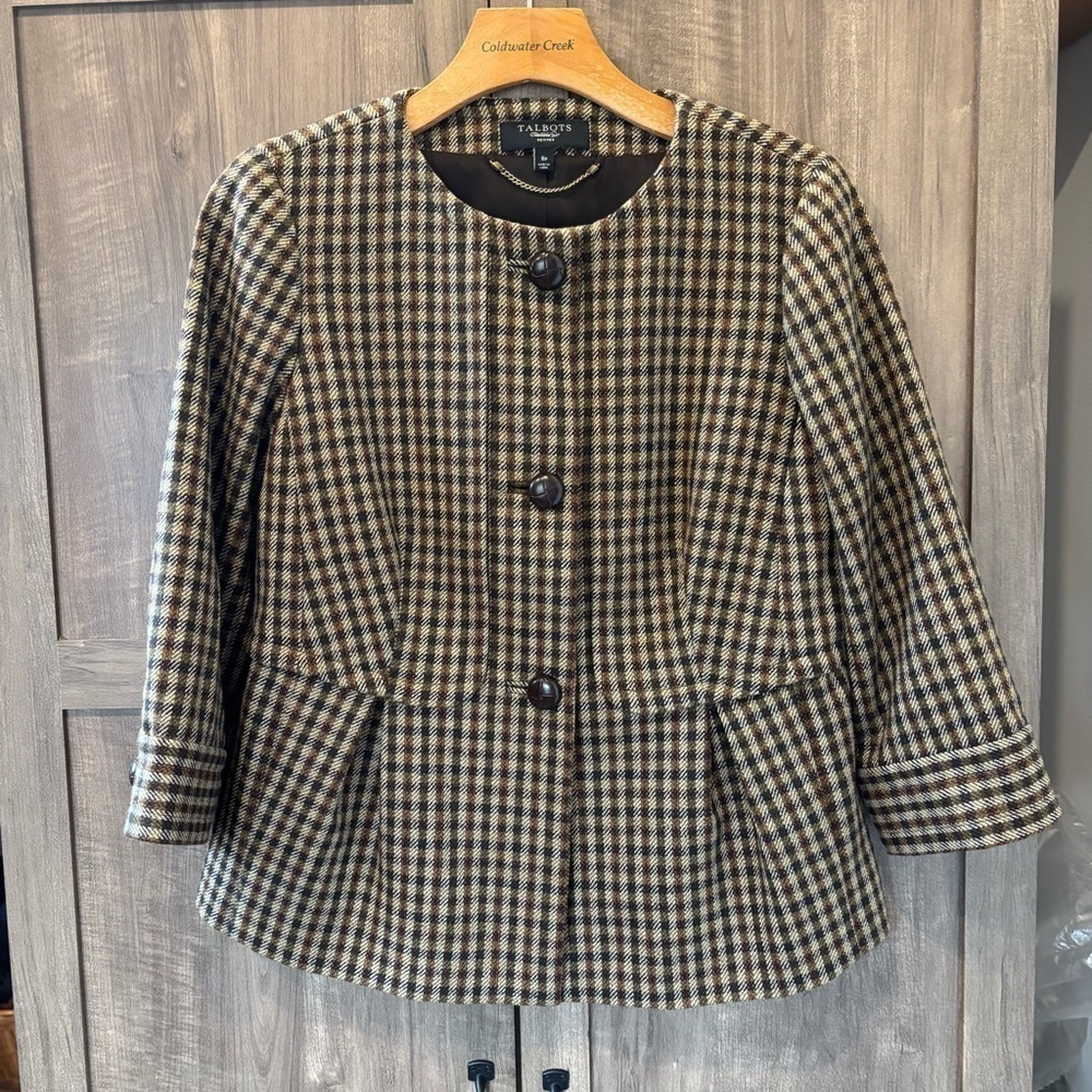Talbots Women's 8P Wool Blazer Jacket Brown Black Check Peplum 3/4 sleeves